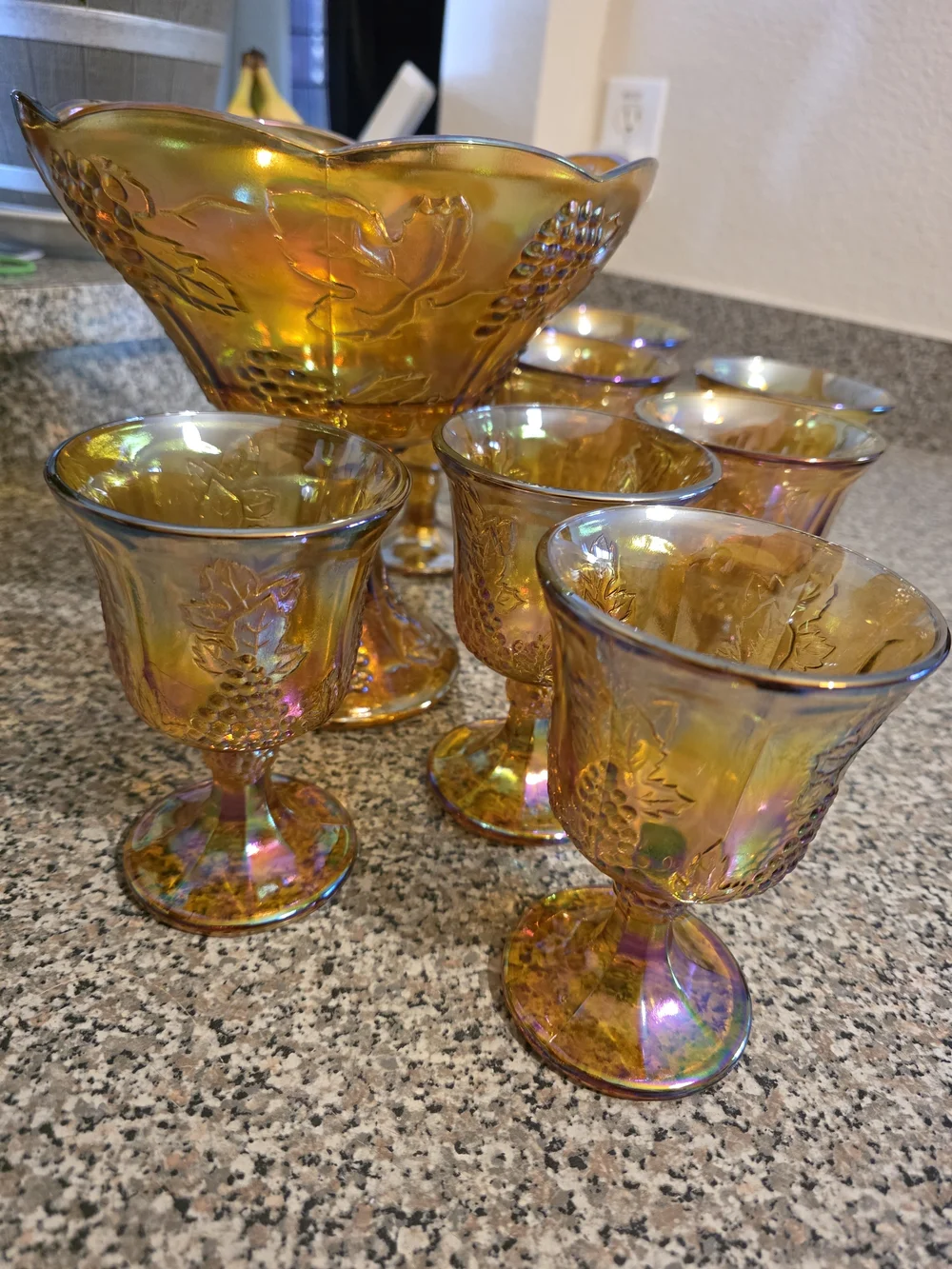 VTG Amber Indiana Glass Carnival Glass Grapes Compote Bowl + 6 Goblets Set